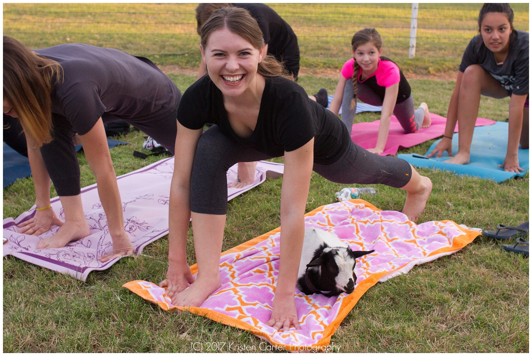 baby goat sleeping on yoga mat with girl in lunge