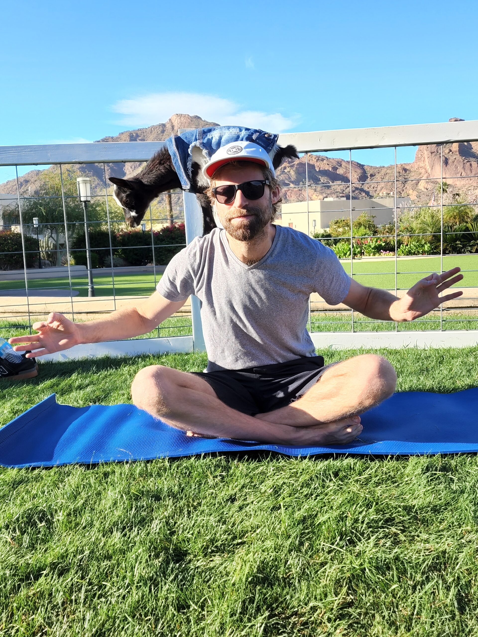 Man with baby goat on his back during Arizona goat yoga private event class near me on green grass in Phoenix Camelback mountains zen yoga pose cross legged