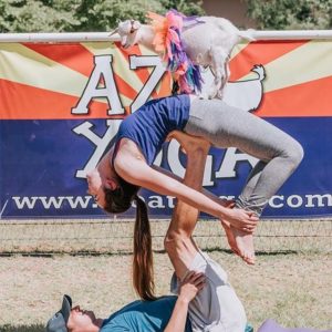 couple doing acro goat yoga with Arizona flag