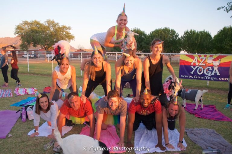 Baby goats in pajamas on 10 pretty girls in tutus doing a cheerleading pyramid on top of each other at the first goat yoga class in Gilbert Arizona with Sunset and mountains in the background in the month of February 2015